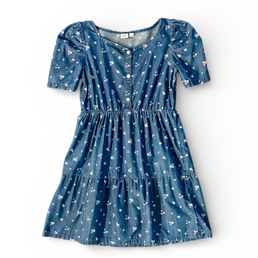 GAP Kids Dress Girl's L 10 Blue White Floral Puff Sleeve 100% Cotton Elastic EUC